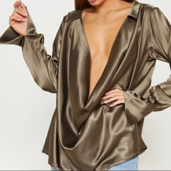 PLT Khaki Cowl Satin Shirt - Picture 3 of 4